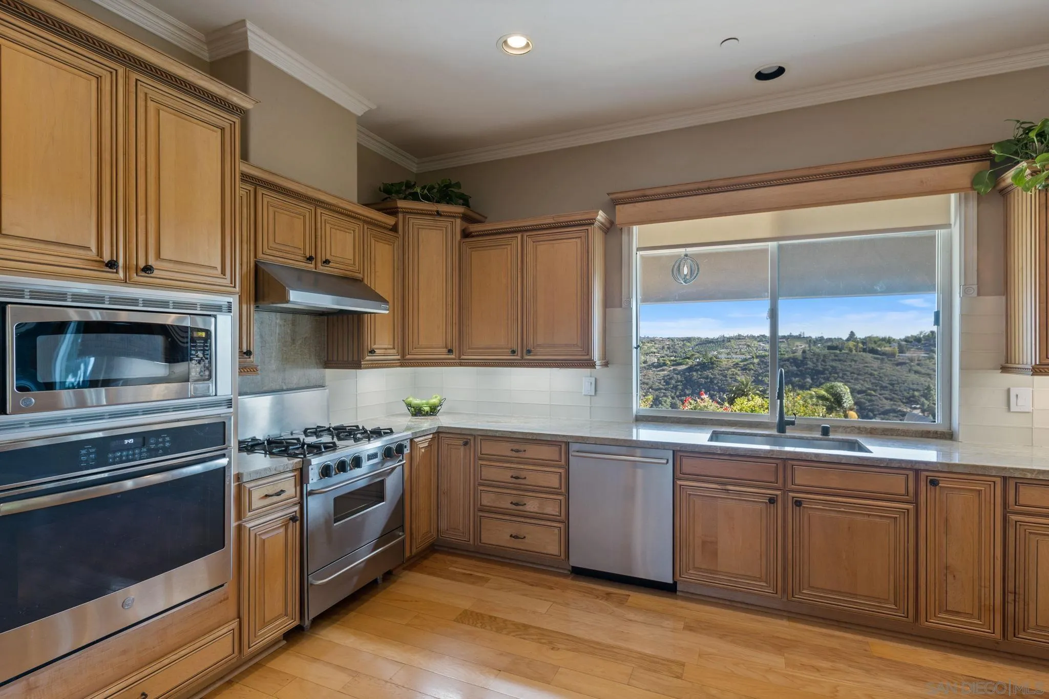 30419 Canyon Estates Road Vista, CA 92084 - Photo 21 of 75 a kitchen with stainless steel appliances a stove a sink and a microwave