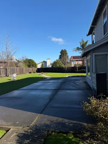 a view of a yard with flower plants and wooden fence