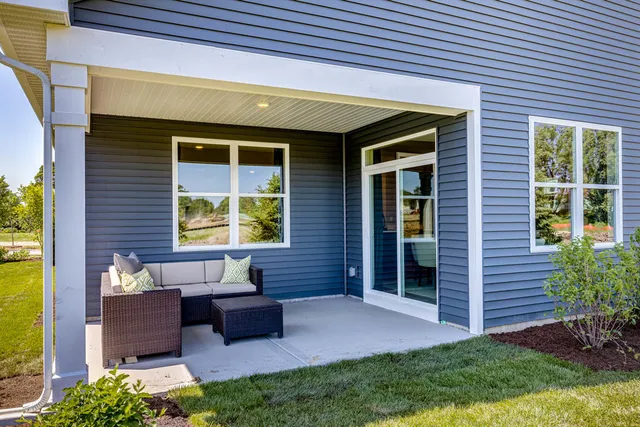 a garden view with a seating space