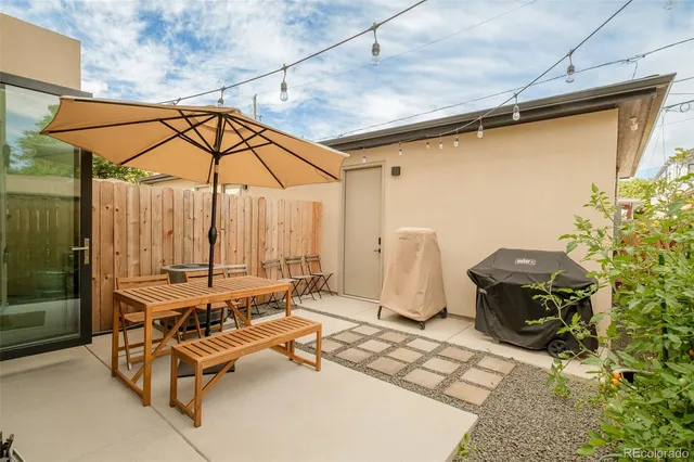 an outdoor space with furniture