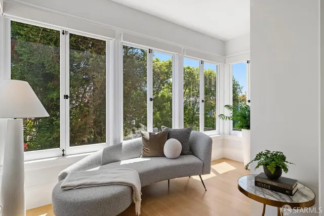 a living room with furniture and a potted plant
