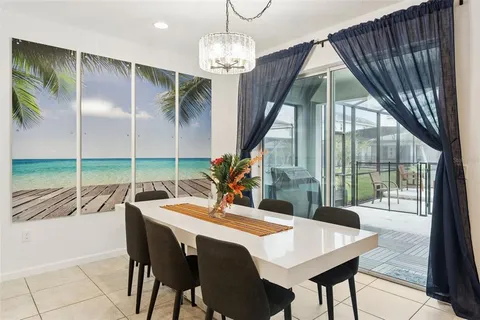a view of a dining room with furniture window and outside view