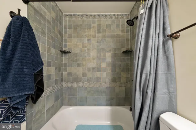 a bathroom with a shower and a toilet