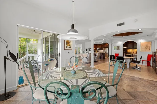 a view of a dining room with furniture window and outside view