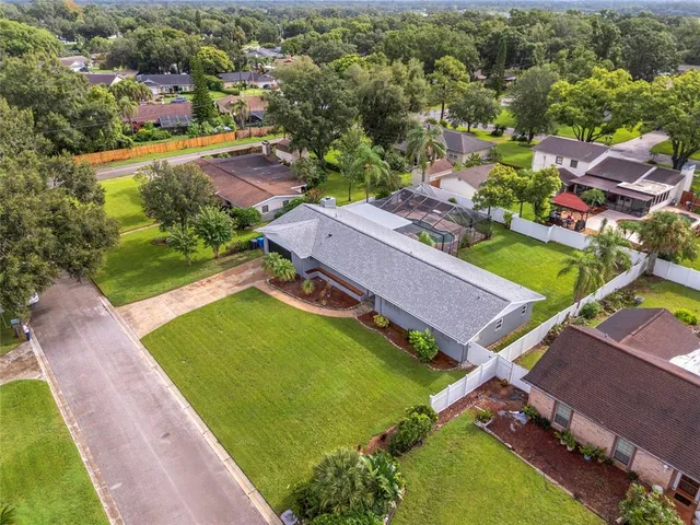 an aerial view of a pool