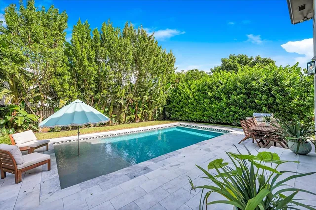 a backyard of a house with table and chairs under an umbrella