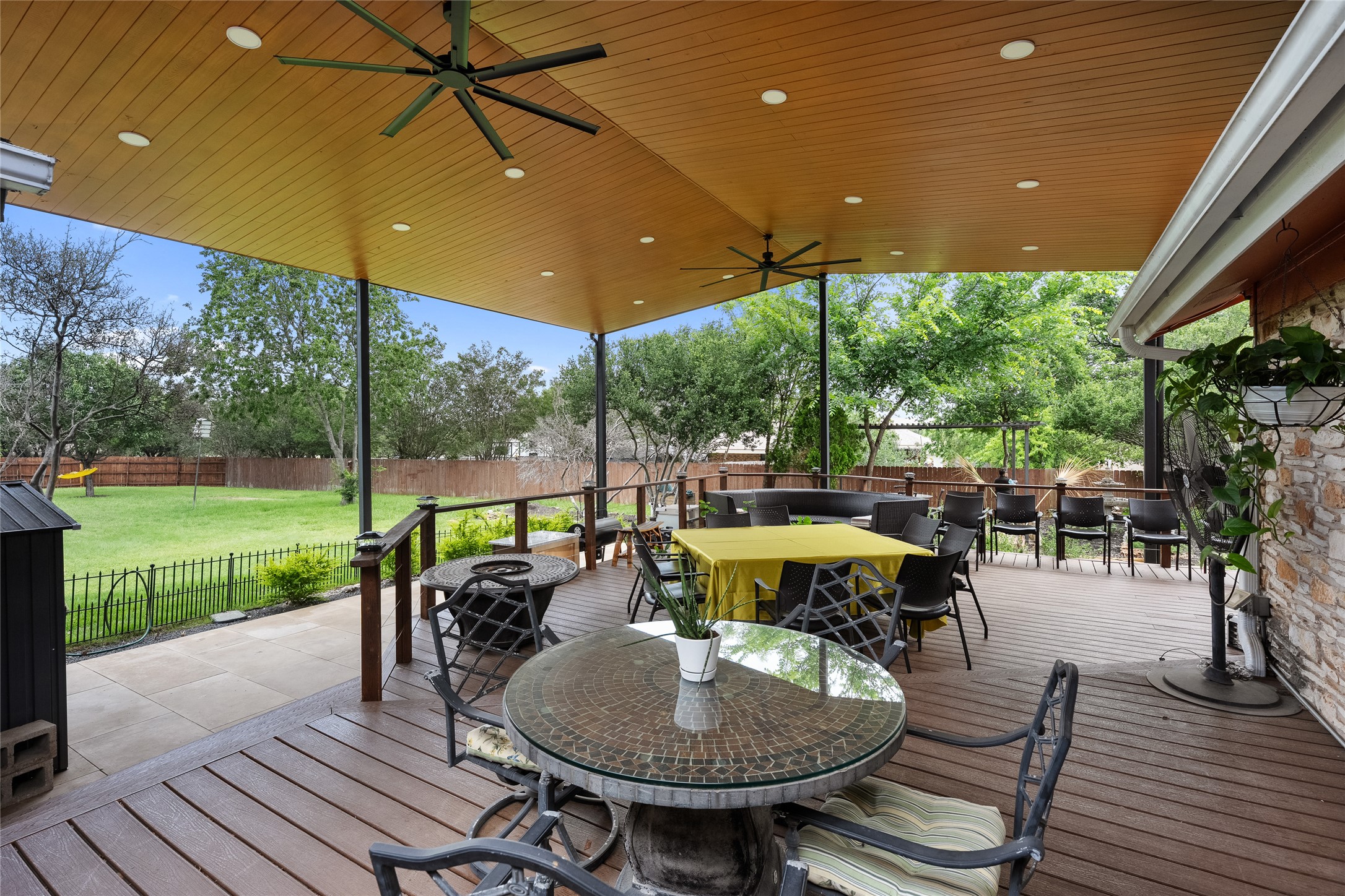 301 Oak Ridge Road Georgetown, TX 78628 - Photo 19 of 34 Expansive covered deck featuring a wood-finish ceiling with recessed lighting and ceiling fans