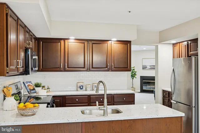 a kitchen with stainless steel appliances granite countertop a sink and a refrigerator
