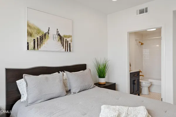 a living room with a couch and a potted plant