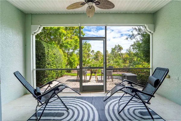 a building outdoor space with a bench