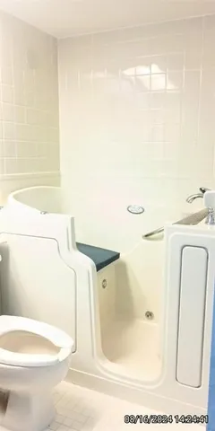 a bathroom with a bathtub and a toilet