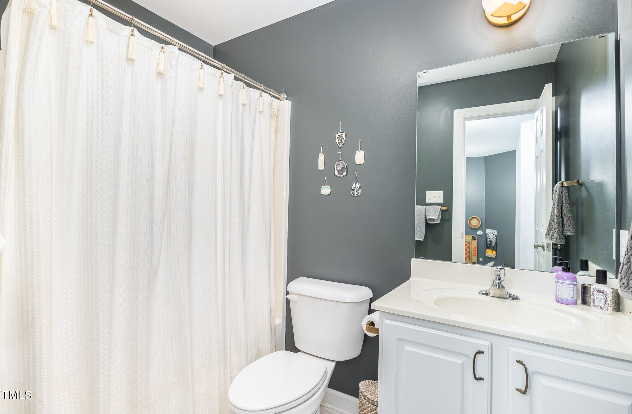 1713 Evergreen Avenue Raleigh, NC 27603 - Photo 21 of 26 a bathroom with a sink a toilet and shower curtain