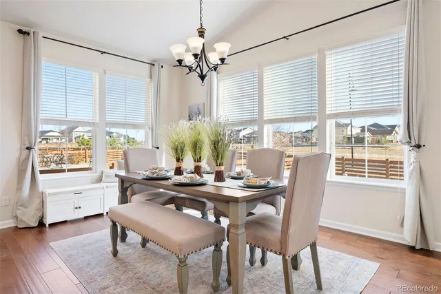 a view of a dining room with furniture windows and wooden floor