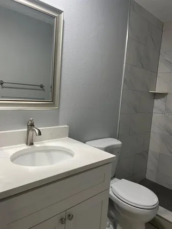 a bathroom with a sink toilet and mirror