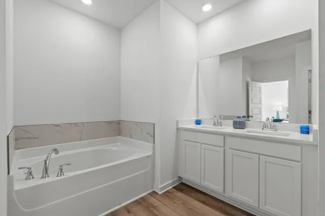 a bathroom with a tub sink and mirror