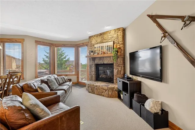 a living room with furniture tv and a fireplace
