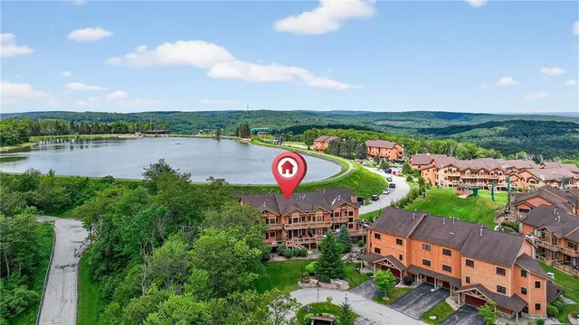 a view of a city street with a lake view