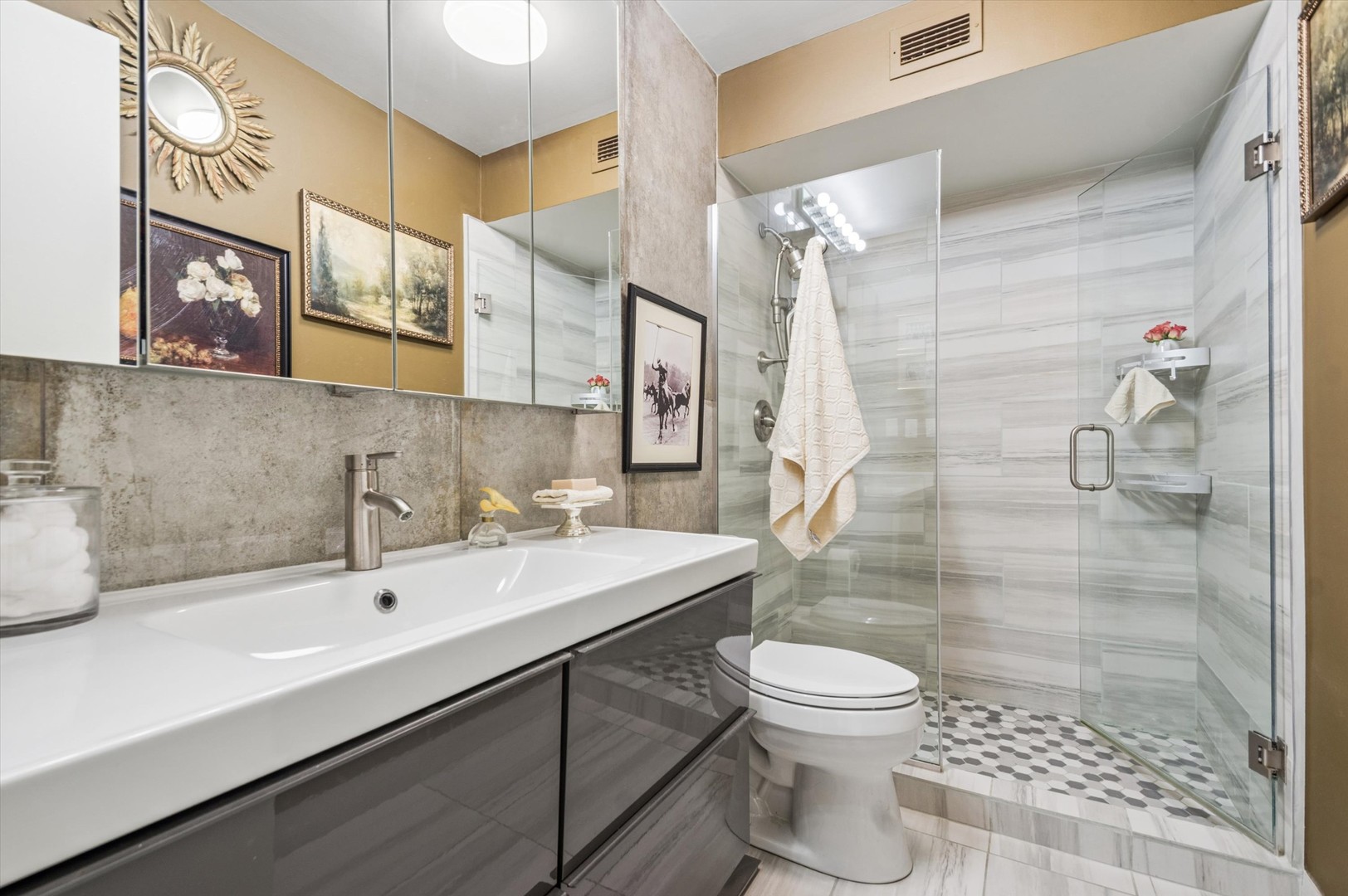 6007 North Sheridan Road, Unit 15B Chicago, IL 60660 - Photo 14 of 18 a bathroom with a sink toilet a mirror and shower