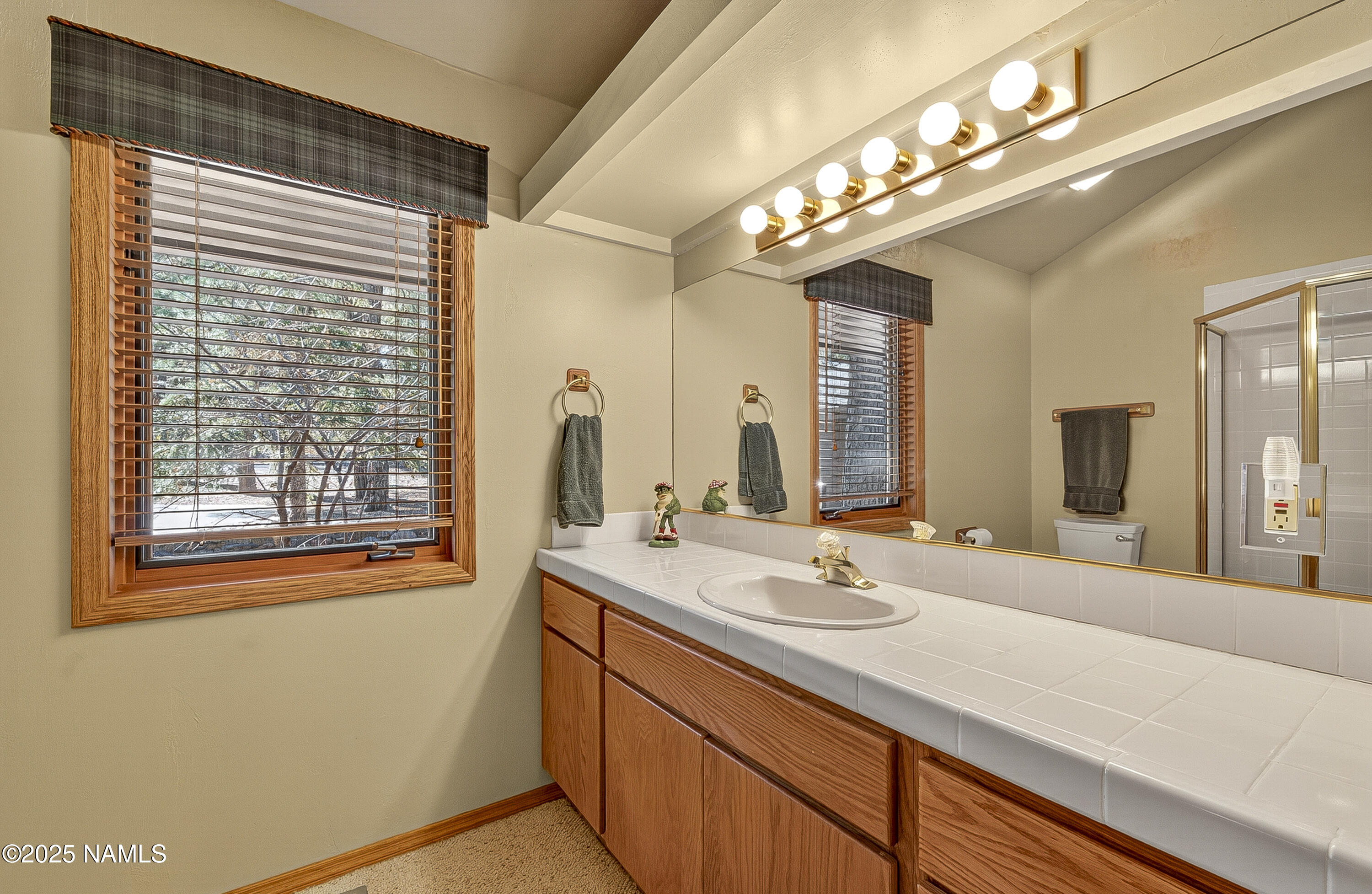 5790 Griffiths Spring Flagstaff, AZ 86005 - Photo 38 of 47 a bathroom with a sink a large mirror and a window