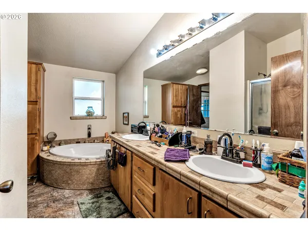 a bathroom with a tub a sink and a large mirror
