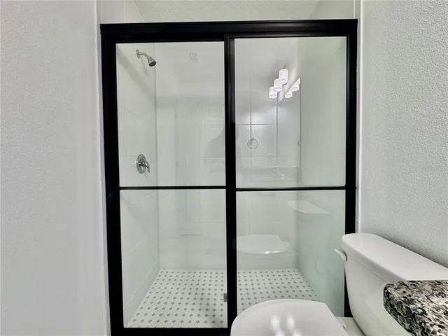 a bathroom with a shower and a toilet