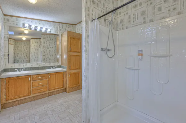 a bathroom with a shower and a sink