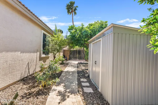 a backyard of a house with plants and tree