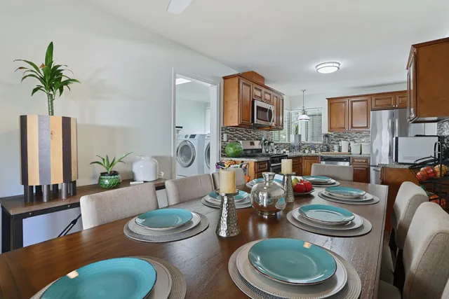 a dining room with furniture a rug and a potted plant
