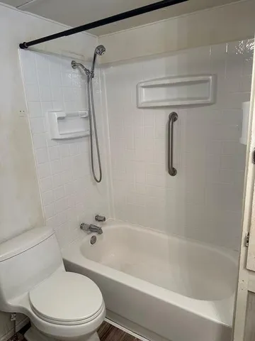 a bathroom with a toilet and a bath tub