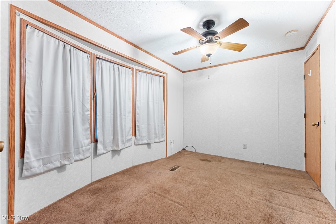 6615 Cleveland Road, Unit K2 Ravenna, OH 44266 - Photo 21 of 24 Carpeted spare room featuring crown molding, a ceiling fan, and a textured ceiling