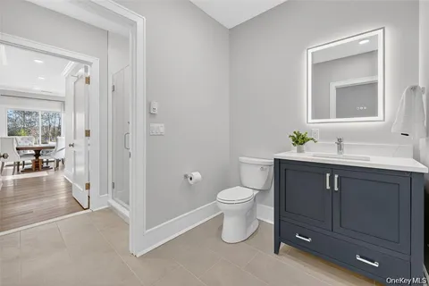 a bathroom with a sink vanity and a toilet