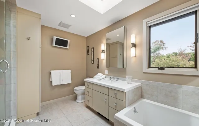 a bathroom with a sink mirror and toilet