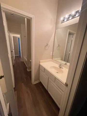 a bathroom with a sink a mirror and a shower