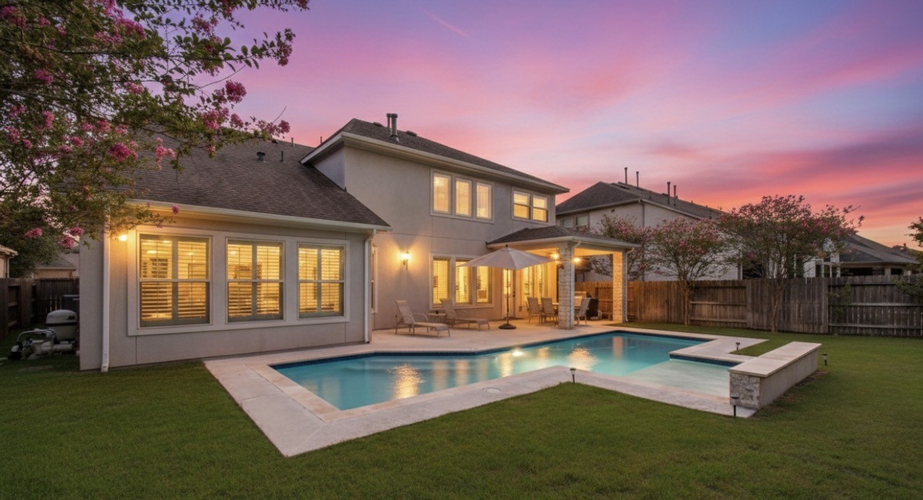 a view of an house with swimming pool and porch