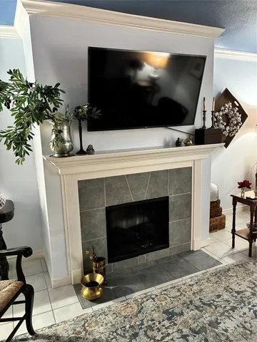 a living room with a fireplace a flat screen tv and potted plant