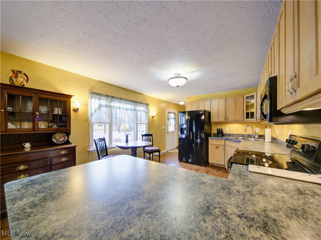 17161 Burrows Road Thompson, OH 44086 - Photo 11 of 48 Kitchen with light brown cabinetry, sink, a textured ceiling, kitchen peninsula, and black appliances