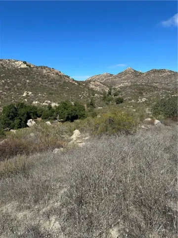 a view of a mountain in the distance in a field