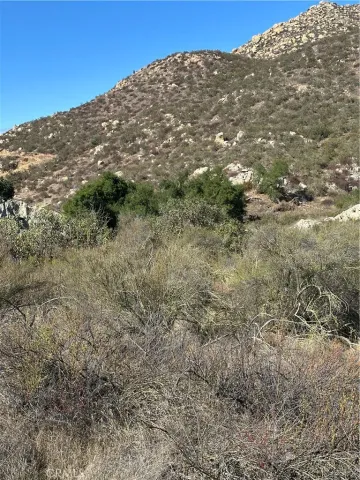 a view of a dry yard with mountains in the background
