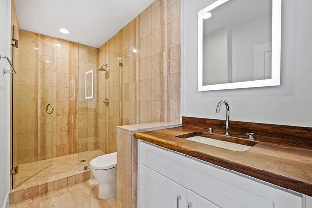 a bathroom with a sink a toilet and shower