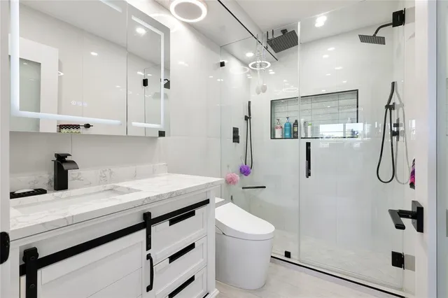 a bathroom with a granite countertop sink a toilet and shower