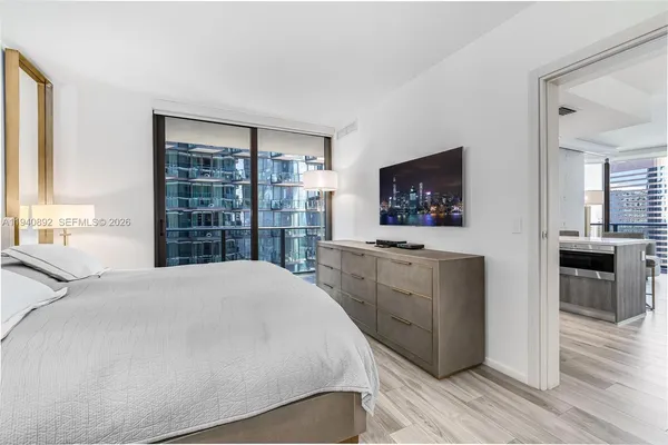 a bedroom with a bed and a flat screen television