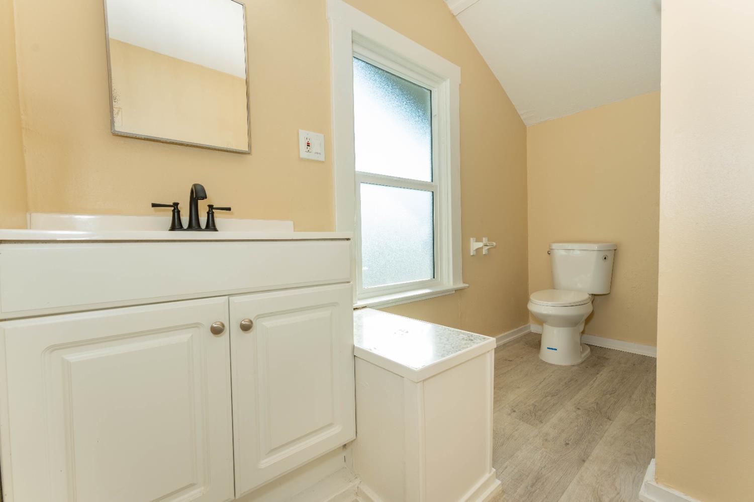 4354 East Kings Canyon Road Fresno, CA 93702 - Photo 40 of 70 a bathroom with a sink a toilet and a mirror