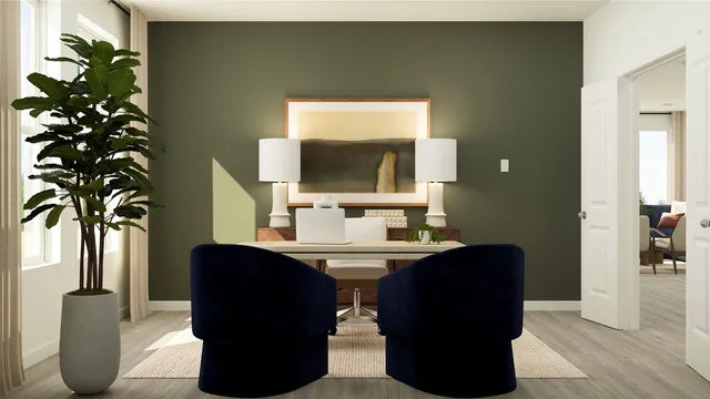 a living room with furniture and a potted plant