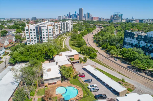 a view of a city with tall buildings
