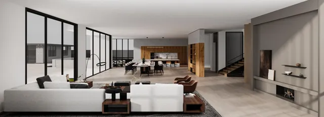 a living room with furniture and large windows