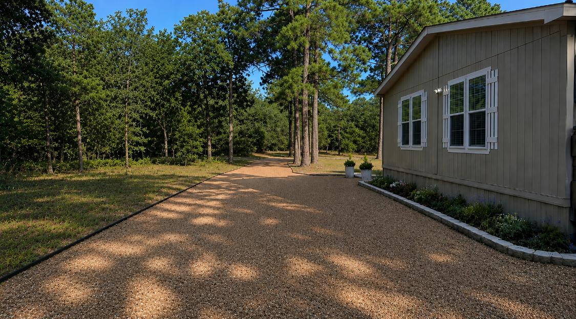 438 Kellar Road Smithville, TX 78957 - Photo 7 of 30 A long gravel driveway leads to a private residence, nestled among a lush forest of trees.