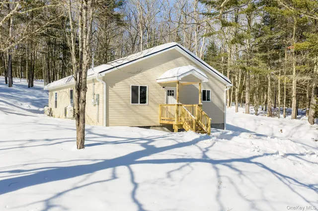 a view of a house with snow on the road