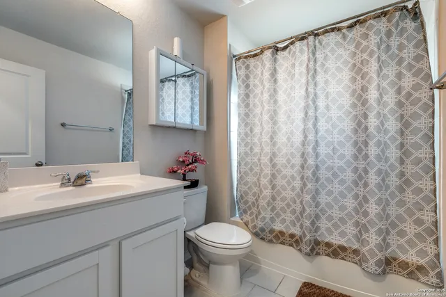 a bathroom with a sink a toilet and shower curtain