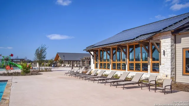 a building outdoor space with patio furniture