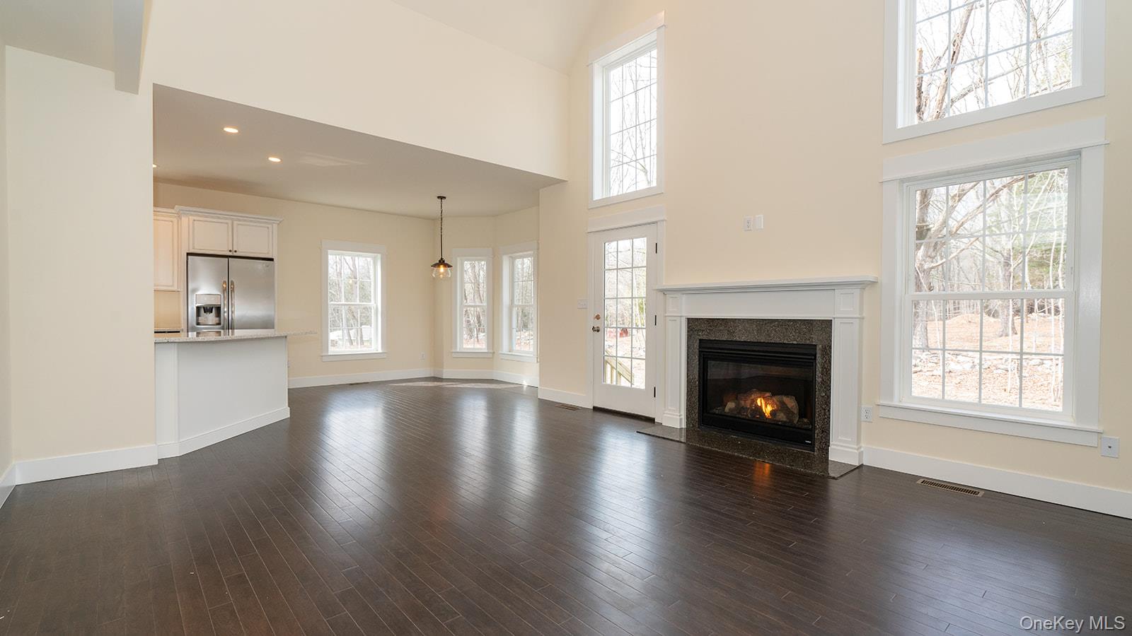 43 Malloy Road Wallkill, NY 12589 - Photo 13 of 50 Unfurnished living room featuring dark wood-style flooring, a high end fireplace, recessed lighting, and a high ceiling
